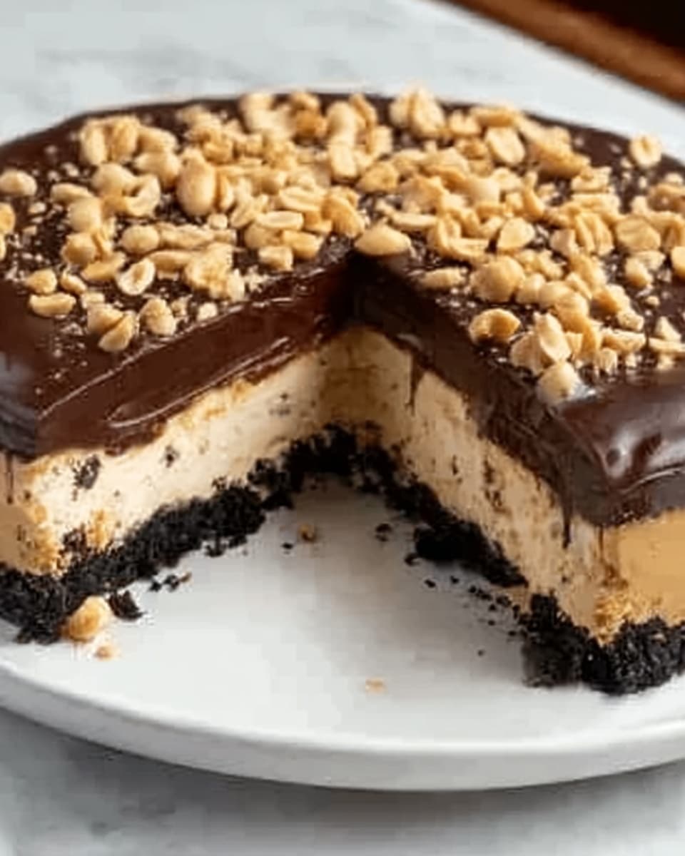 The image shows a dessert with four clear layers in a white round dish set on a white marbled surface. The bottom layer is a dark brown crumbly crust. Above that is a thick, smooth, light beige creamy layer. Next is a glossy dark brown chocolate layer covering the cream. The top layer has small uneven patches of white cream and light brown nut pieces scattered on top. A slice is cut out showing the inside layers clearly. Photo taken with an iphone --ar 4:5 --v 7