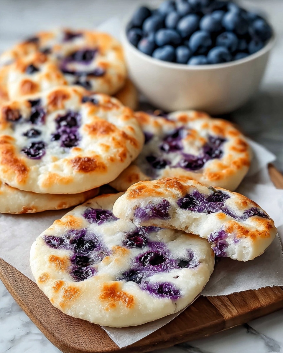 The image shows four small, round blueberry buns on a wooden board with parchment paper. Each bun has a golden-brown top layer with several dark purple blueberries baked into the surface. The dough looks soft and fluffy with some light, airy texture visible where one bun is torn open, revealing a moist inner layer dotted with blueberries. In the background, there is a white bowl filled with fresh blueberries. The surface underneath is a white marbled texture. photo taken with an iphone --ar 4:5 --v 7