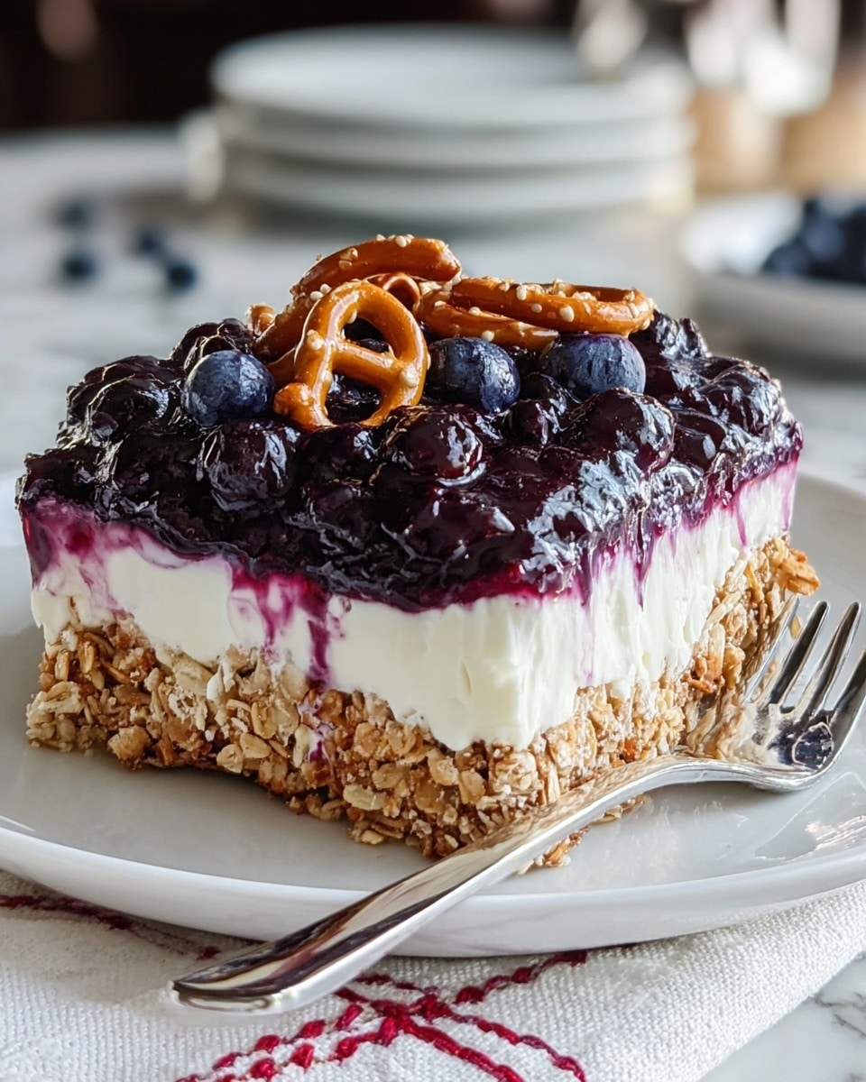 A slice of dessert with three clear layers is shown on a white plate placed on a white marbled surface. The bottom layer is made of a crumbly, golden-brown oat crust with visible oats and nuts. The middle layer is thick and creamy white, resembling whipped cream or a soft cheese. The top layer consists of glossy blueberry compote with a deep purple color, topped with shiny fresh blueberries and crunchy golden-brown pretzels scattered on top. A silver fork rests against the plate on a textured light cloth. Photo taken with an iphone --ar 4:5 --v 7