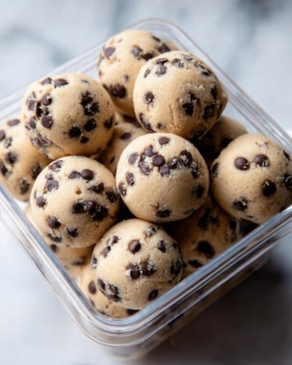 The image shows a clear plastic container filled with round cookie dough balls covered with chocolate chips, each ball having a light beige color with scattered dark brown chocolate chips. The dough balls are tightly packed together, showing a smooth, slightly textured surface. The container sits on a white marbled surface, and the overall shot is close-up, highlighting the round shape and the contrast between the light dough and dark chips. Photo taken with an iphone --ar 4:5 --v 7