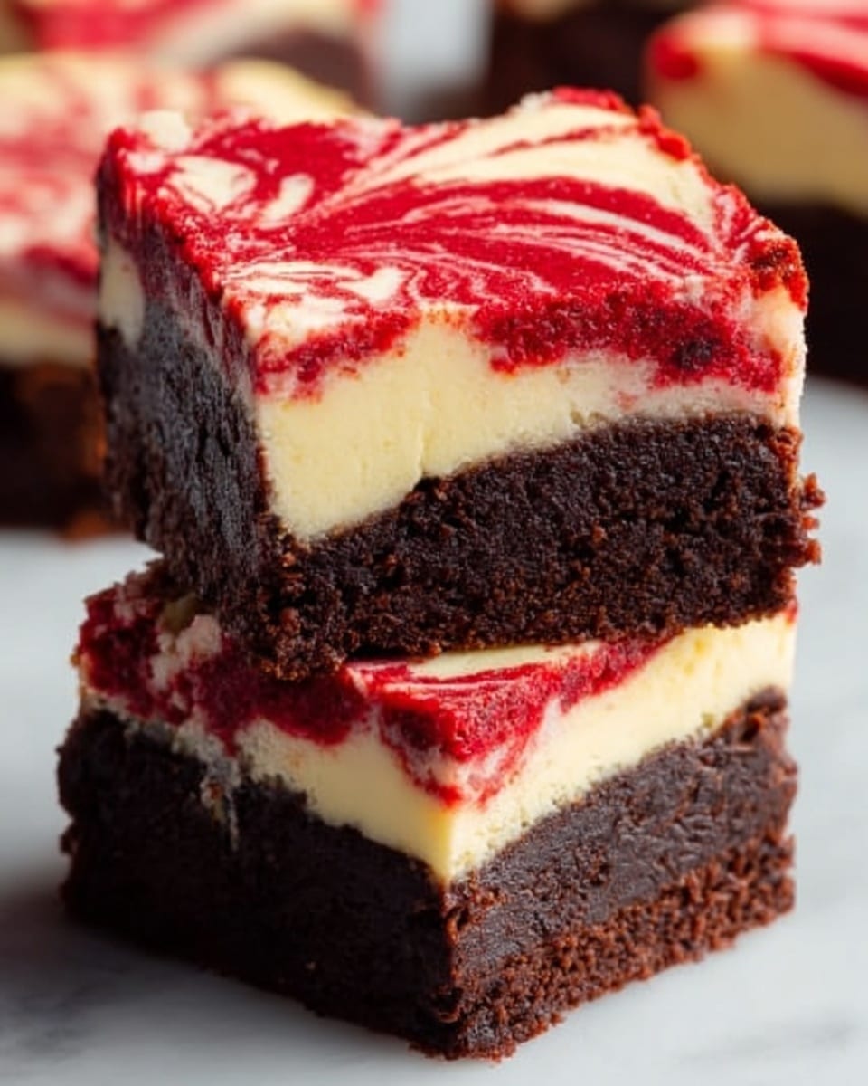 The image shows two square pieces of a layered dessert stacked on top of each other against a white marbled background. Each piece has three layers: a dark brown, moist chocolate brownie as the bottom layer, a creamy, white cheesecake layer in the middle, and a swirled red and white topping with a smooth texture on top. The red swirls create a marbled effect that is bright and eye-catching. The edges of the brownies are clean and sharp, showing the thickness of each layer clearly. Photo taken with an iphone --ar 4:5 --v 7