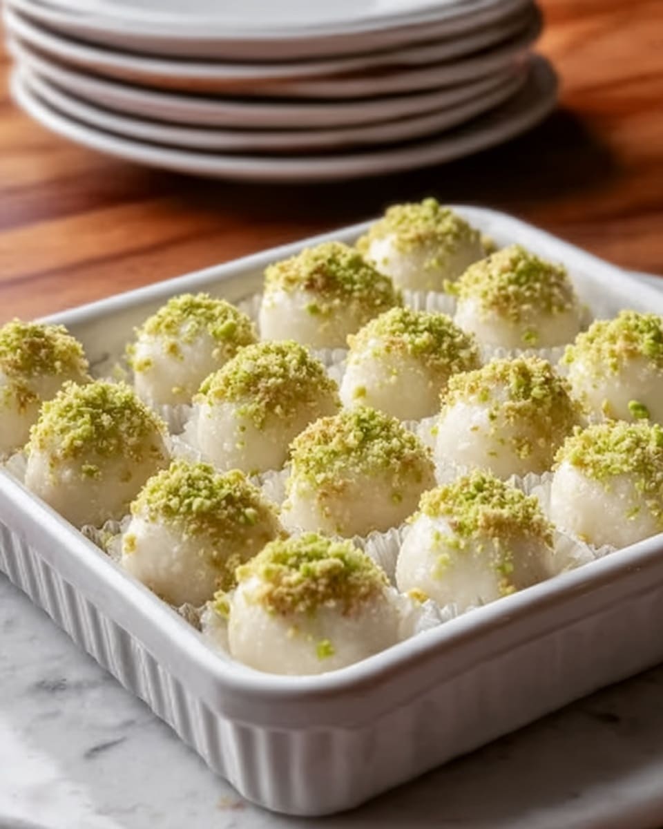 A white ceramic rectangular baking dish holds about a dozen small round white balls arranged in rows. Each ball is smoothly coated with a pale white layer and topped with a light green crumbly sprinkle. The dish sits on a white marbled surface, and in the background, another similar dish with the same balls is partially visible. The lighting is natural, highlighting the smooth texture and soft colors of the balls. photo taken with an iphone --ar 4:5 --v 7