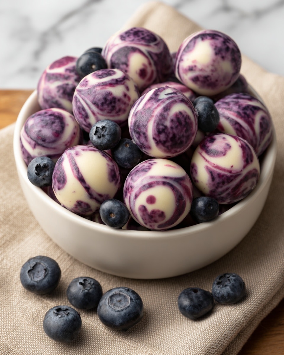 The image shows a white bowl full of small round buns with swirls of deep purple and white on their shiny, smooth surface. The buns are arranged closely together, making a neat pile. Around the bowl are several fresh blueberries scattered on a beige cloth, which is placed on a white marbled surface. The purple swirls on the buns look like marble patterns, giving the food a colorful and artistic look. photo taken with an iphone --ar 4:5 --v 7