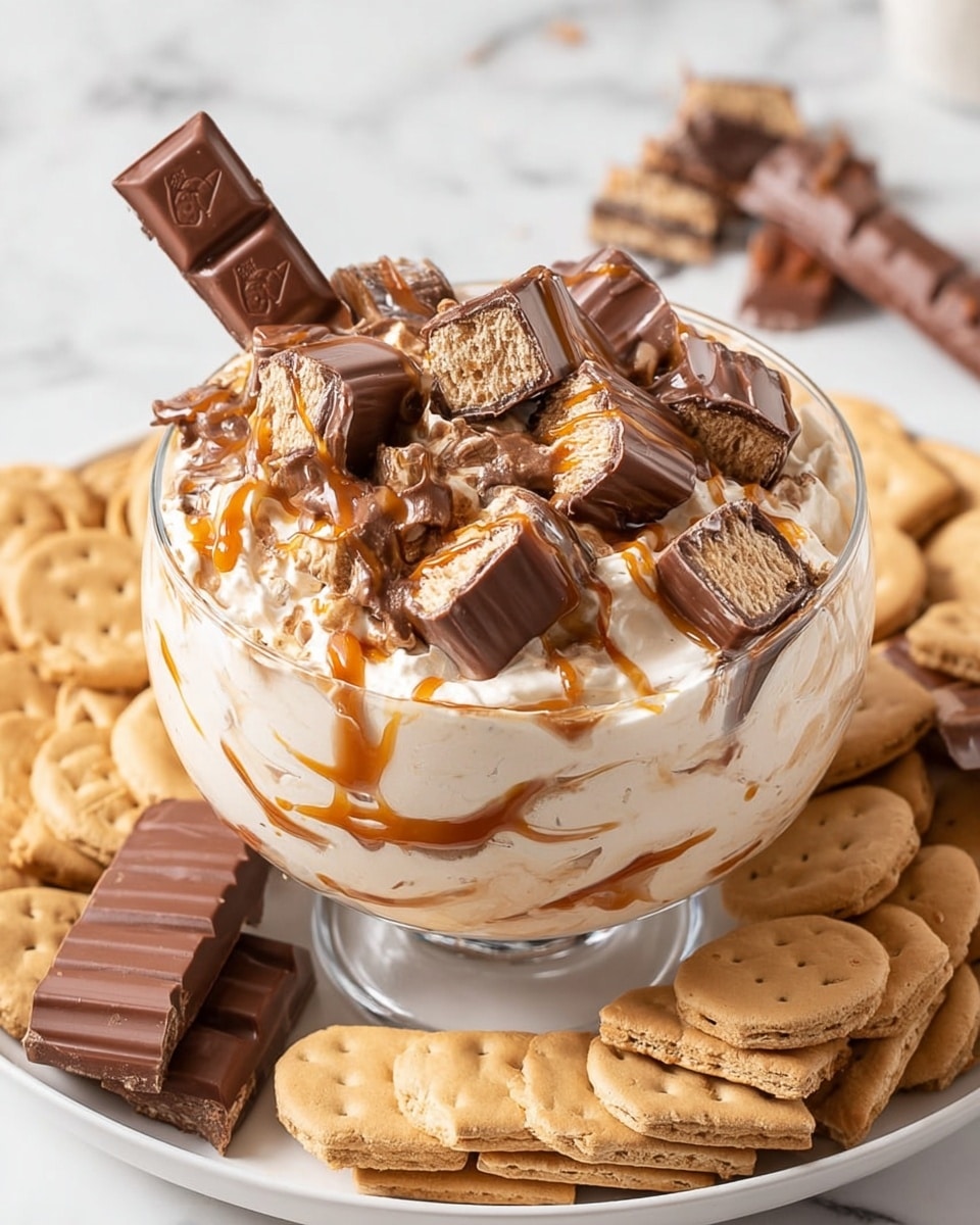 The image shows a clear glass bowl filled with a creamy, light brown dessert topped with caramel drizzle and cut pieces of a chocolate-covered candy bar with visible caramel and nougat layers. A whole chocolate candy bar is stuck vertically in the center of the dessert. Surrounding the bowl on a large white plate are rows of graham crackers spread neatly in a fan shape. The surface underneath has a white marbled texture, and a stack of plain white plates is seen in the background. Photo taken with an iphone --ar 4:5 --v 7