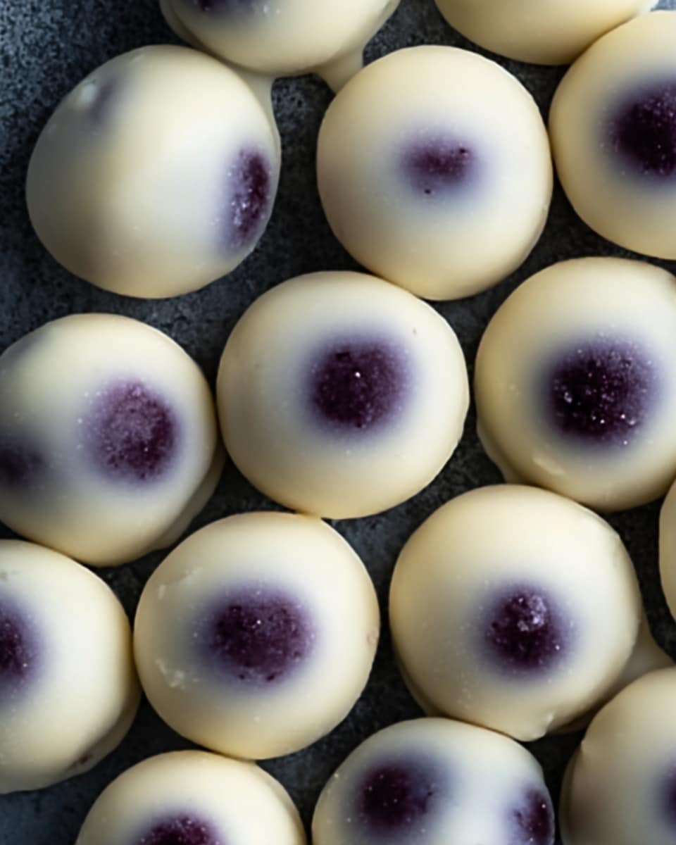 The image shows a close-up of many round, smooth white balls with a slight shine, arranged closely together on a dark surface. Each ball has a small, dark purple spot near the center that looks like a blueberry inside. The surface they rest on is slightly textured, providing contrast to the smoothness of the white balls. The balls appear soft and creamy with a gentle, almost translucent coating. photo taken with an iphone --ar 4:5 --v 7